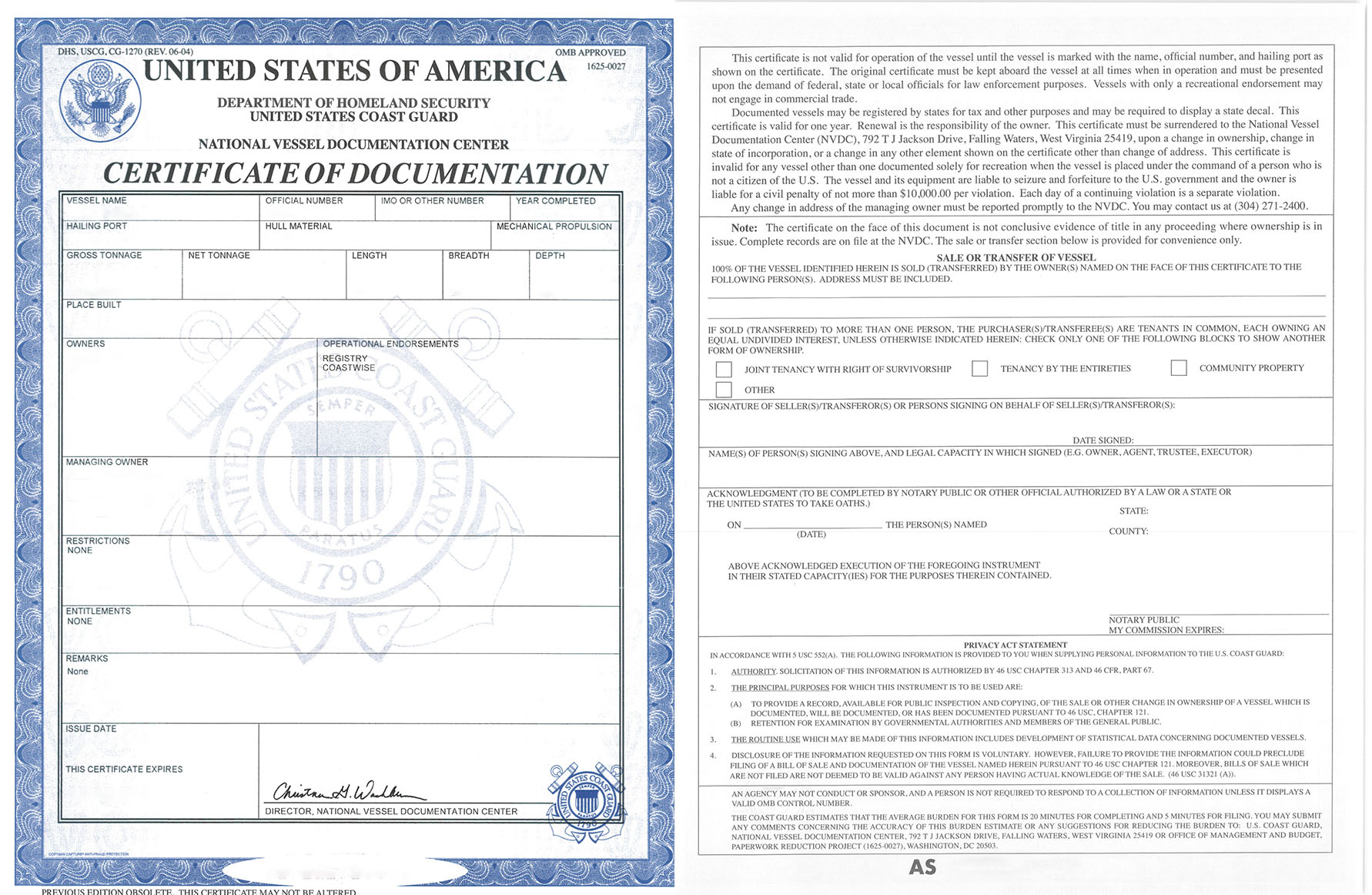 Certificate of Documentation CG-1270