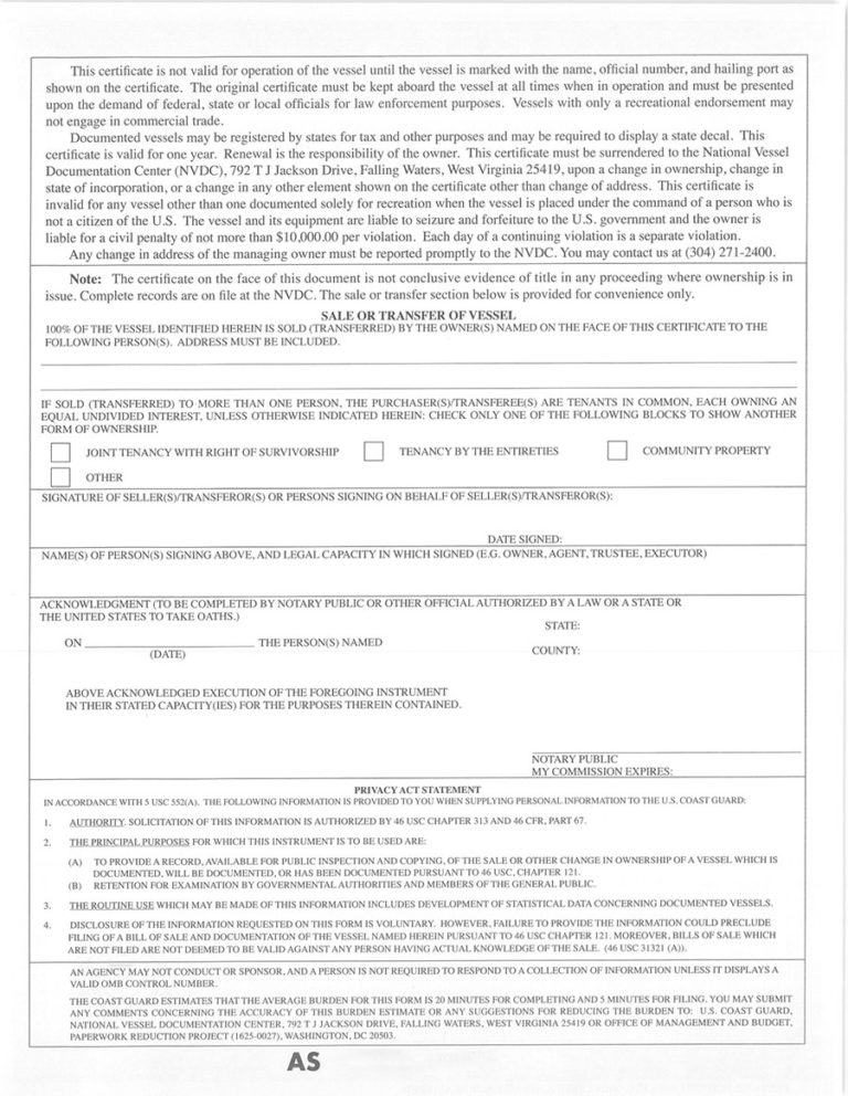 Department of Homeland Security US Coast Guard Bill of Sale – American ...